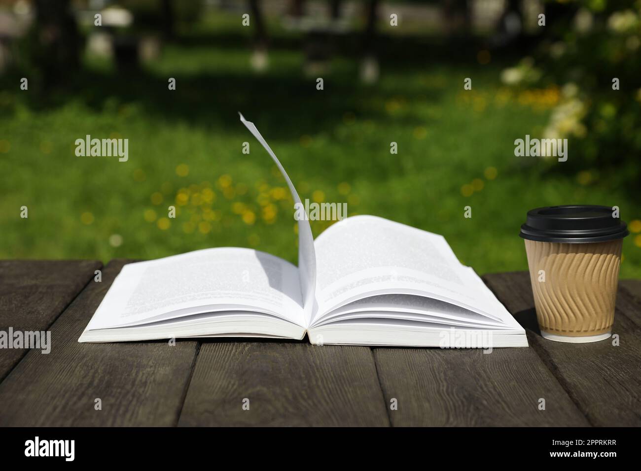 Apri la tazzina da caffè di carta e libro su un tavolo di legno all'aperto Foto Stock