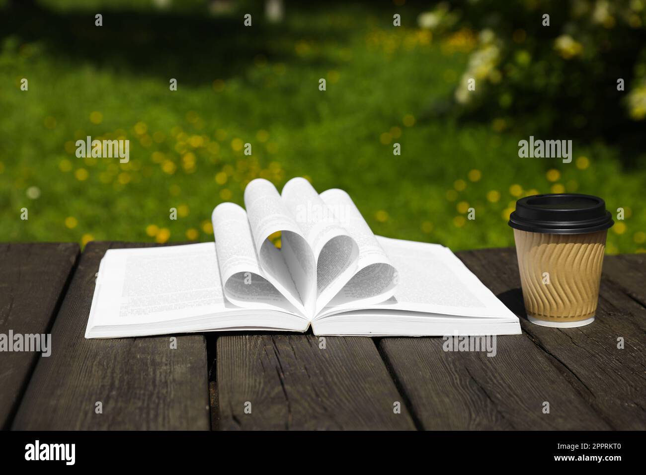 Apri la tazzina da caffè di carta e libro su un tavolo di legno all'aperto. Spazio per il testo Foto Stock