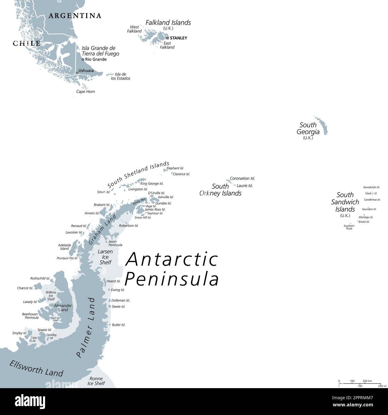 Area della penisola antartica, mappa politica grigia. Dalla Patagonia meridionale e dalle Isole Falkland, alla Georgia meridionale e alla penisola antartica. Foto Stock