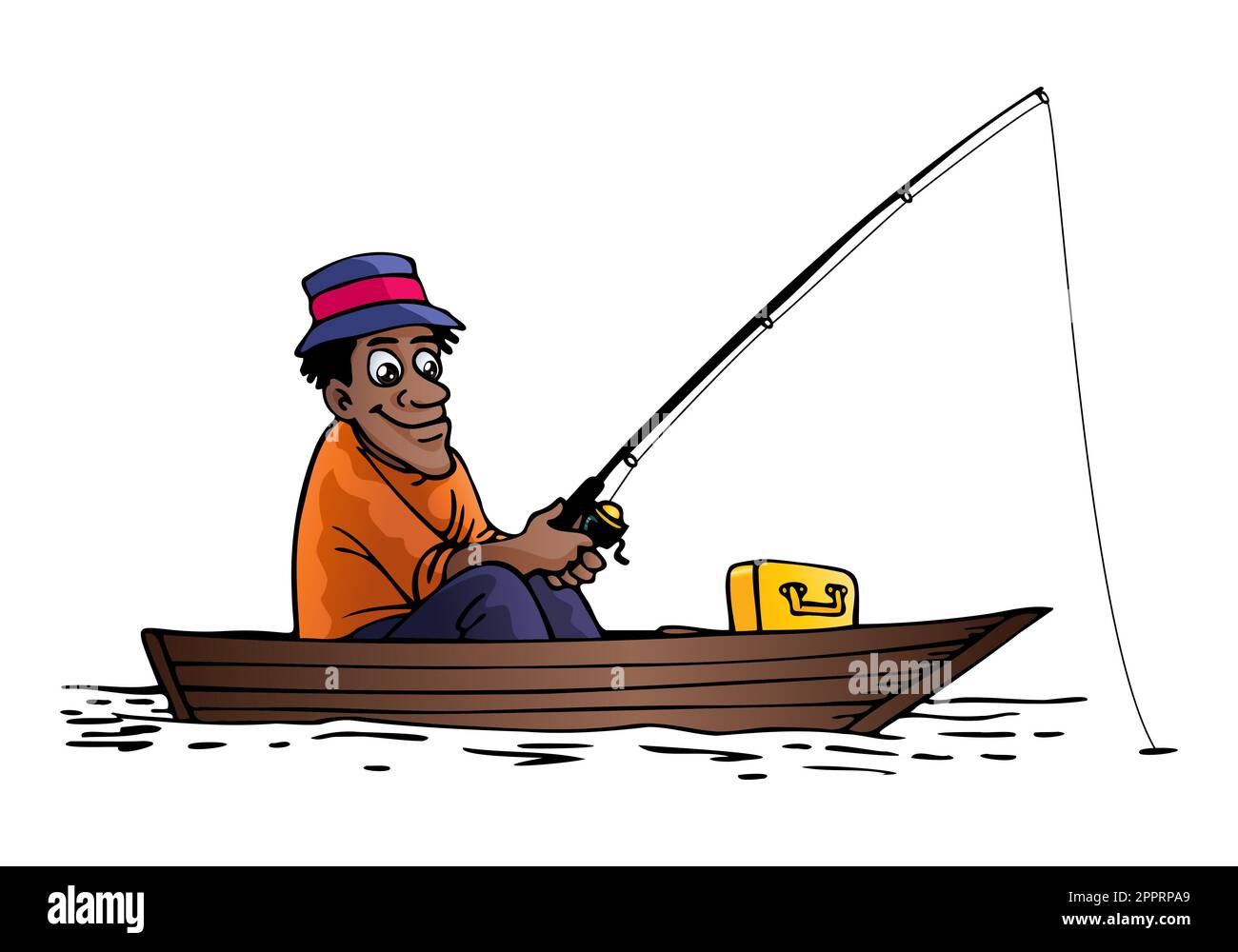illustrazione di un cartoonman che pesca in barca su sfondo bianco isolato Foto Stock