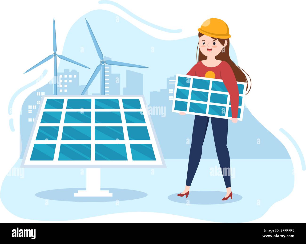 Installazione di energia solare, manutenzione di pannelli o turbine eoliche con il team di Home Service per il funzionamento della rete elettrica in Cartoon Illustrazione Illustrazione Vettoriale