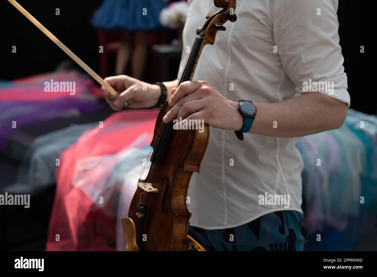 Musicista con un violino ad un concerto Foto Stock