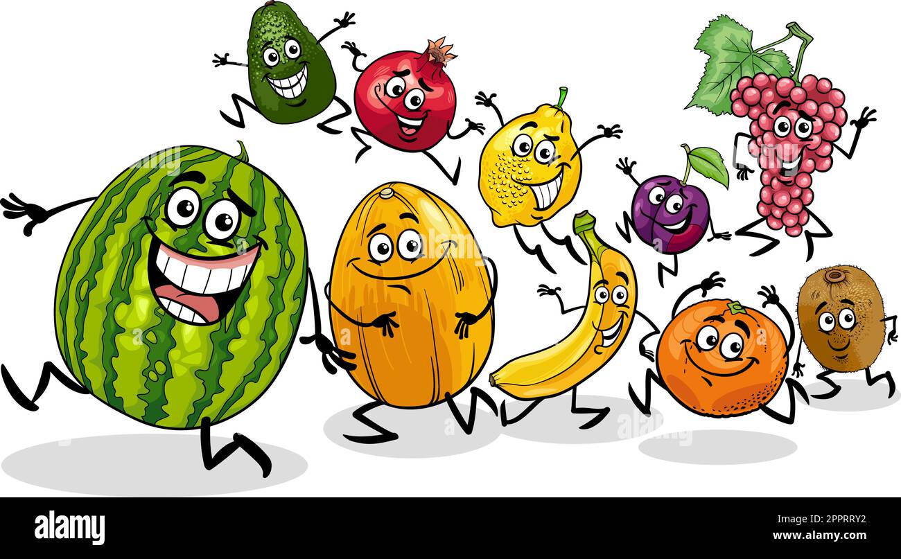cartone animato divertente frutta fumetti gruppo di personaggi Illustrazione Vettoriale