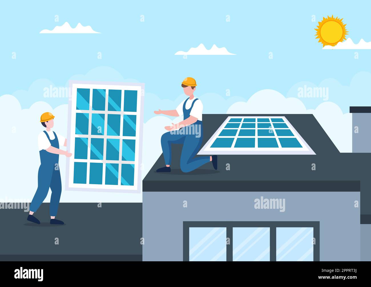Installazione di energia solare, manutenzione di pannelli o turbine eoliche con il team di Home Service per il funzionamento della rete elettrica in Cartoon Illustrazione Illustrazione Vettoriale