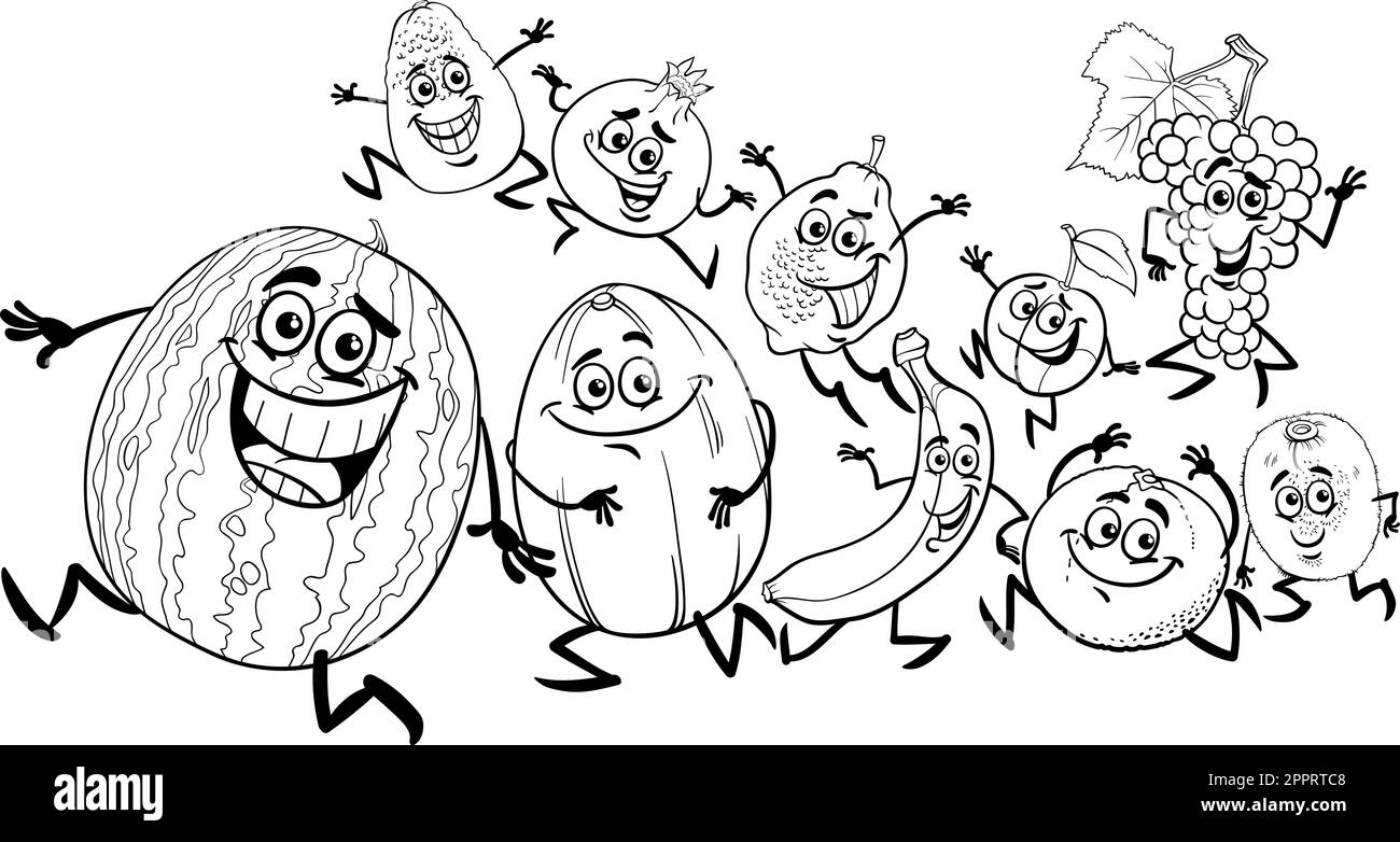 cartoon divertente frutta caratteri gruppo colorazione pagina Illustrazione Vettoriale