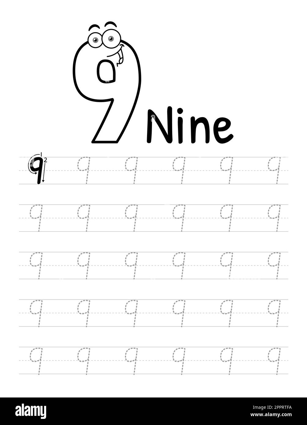 Numero Tracing Book interno per bambini. Foglio di lavoro per la scrittura dei figli. Elementi vettoriali premium.-09 Illustrazione Vettoriale