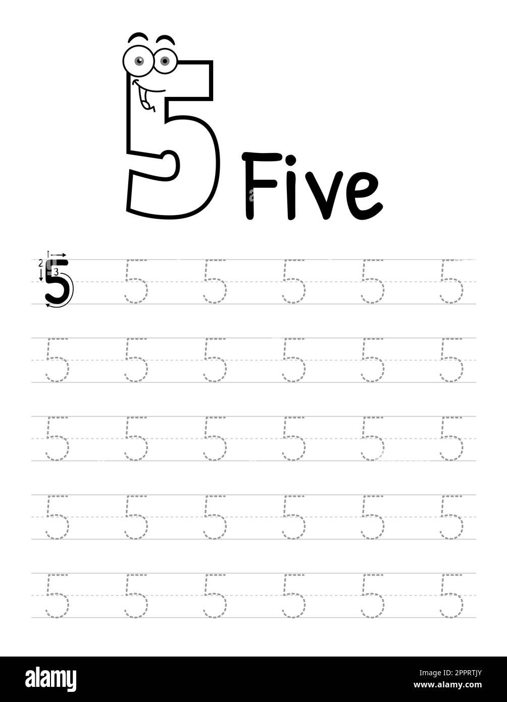 Numero Tracing Book interno per bambini. Foglio di lavoro per la scrittura dei figli. Elementi vettoriali premium 5. Illustrazione Vettoriale