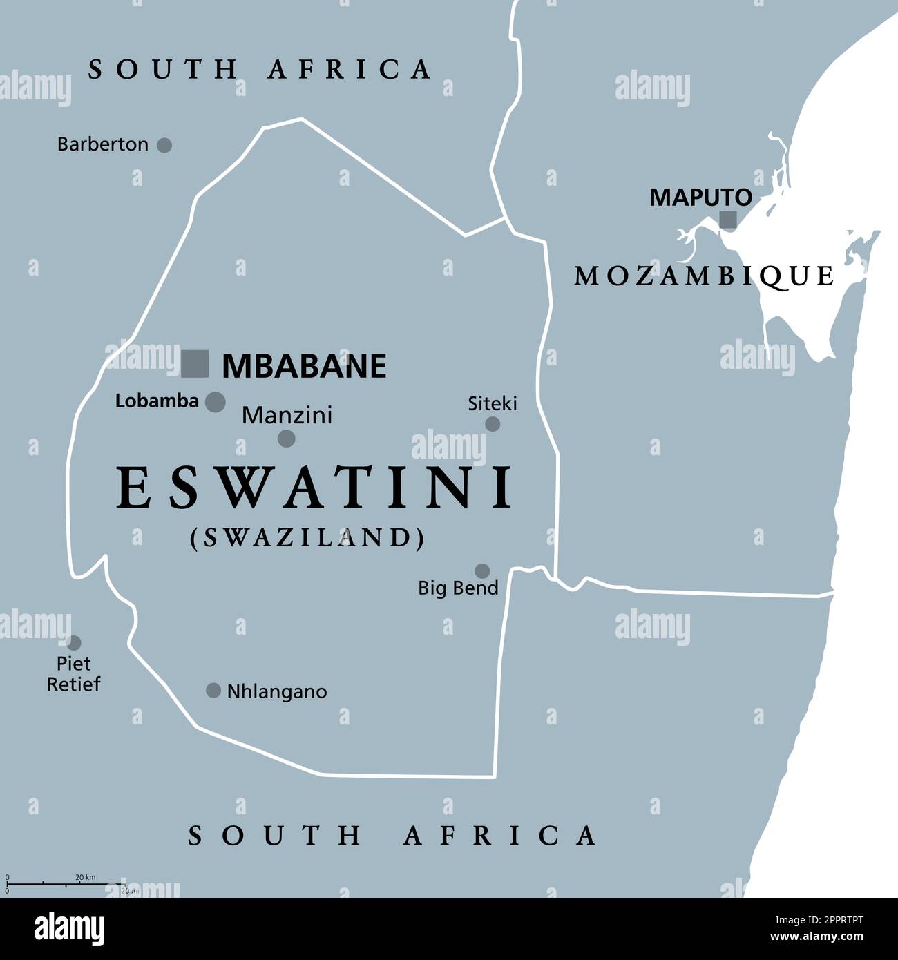 Eswatini, precedentemente chiamato Swaziland, mappa politica grigia Illustrazione Vettoriale
