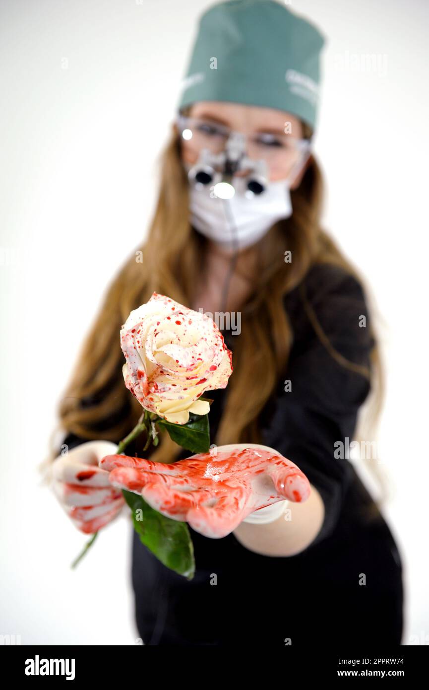 dissecare il sangue scarlatto rosa bianco scorre da gocce di sangue rosa su petali mani guazzate con strumenti medici chirurgici sfondo cranio primo piano operazione cucire punti rimuovere punti mestruazioni Foto Stock
