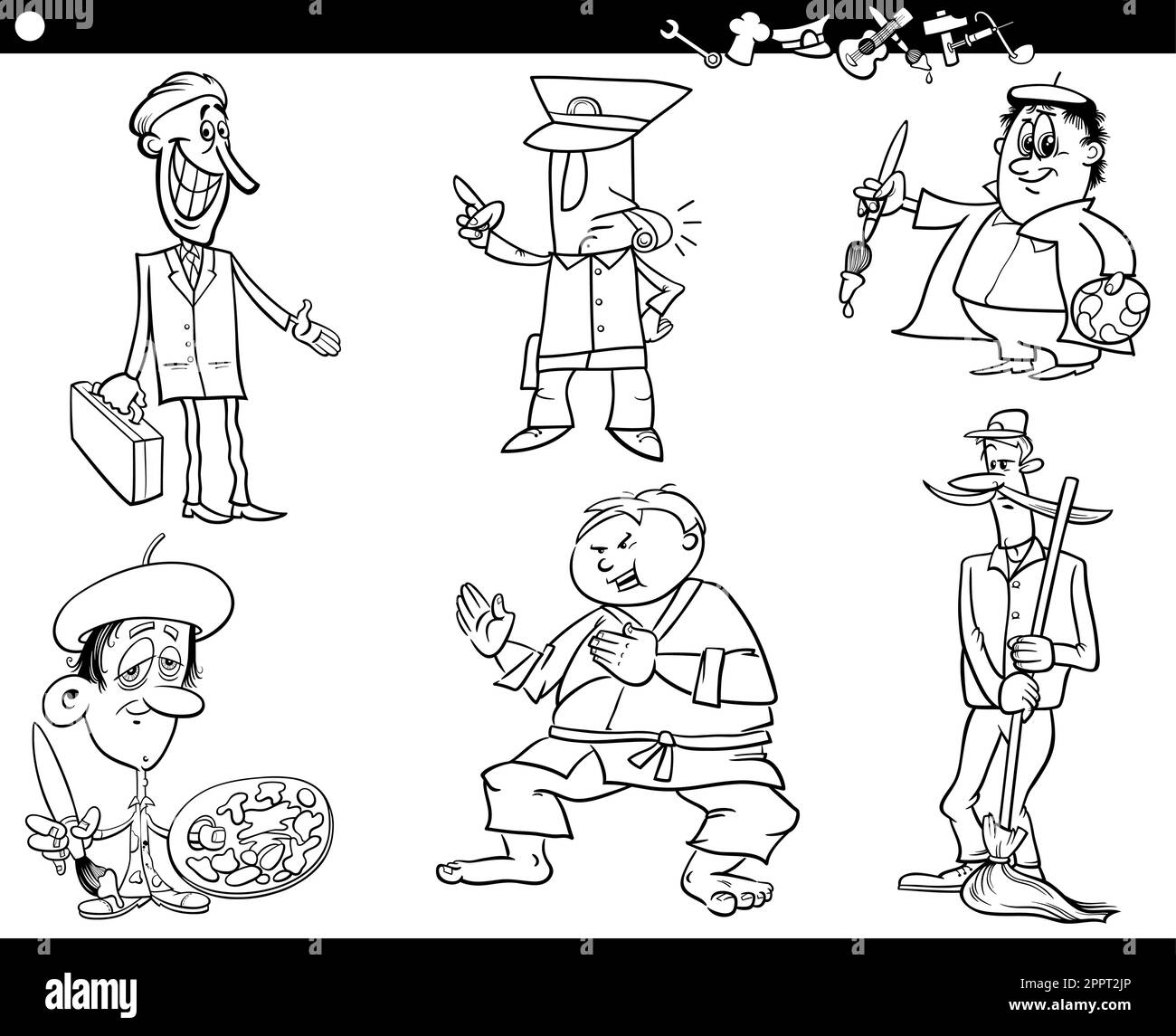 personaggi e occupazioni dei fumetti impostano la pagina da colorare Illustrazione Vettoriale