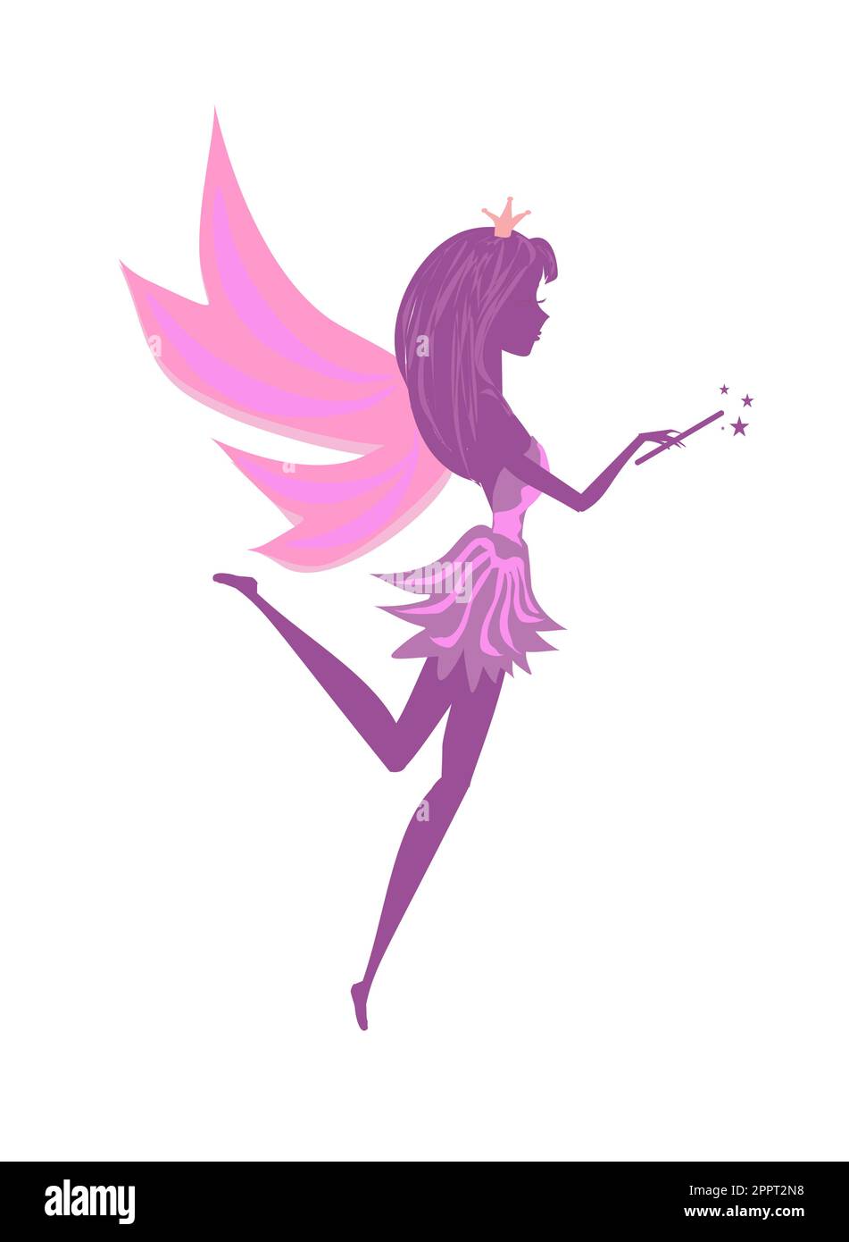 Bella fata con bacchetta magica - silhouette rosa su sfondo bianco Illustrazione Vettoriale
