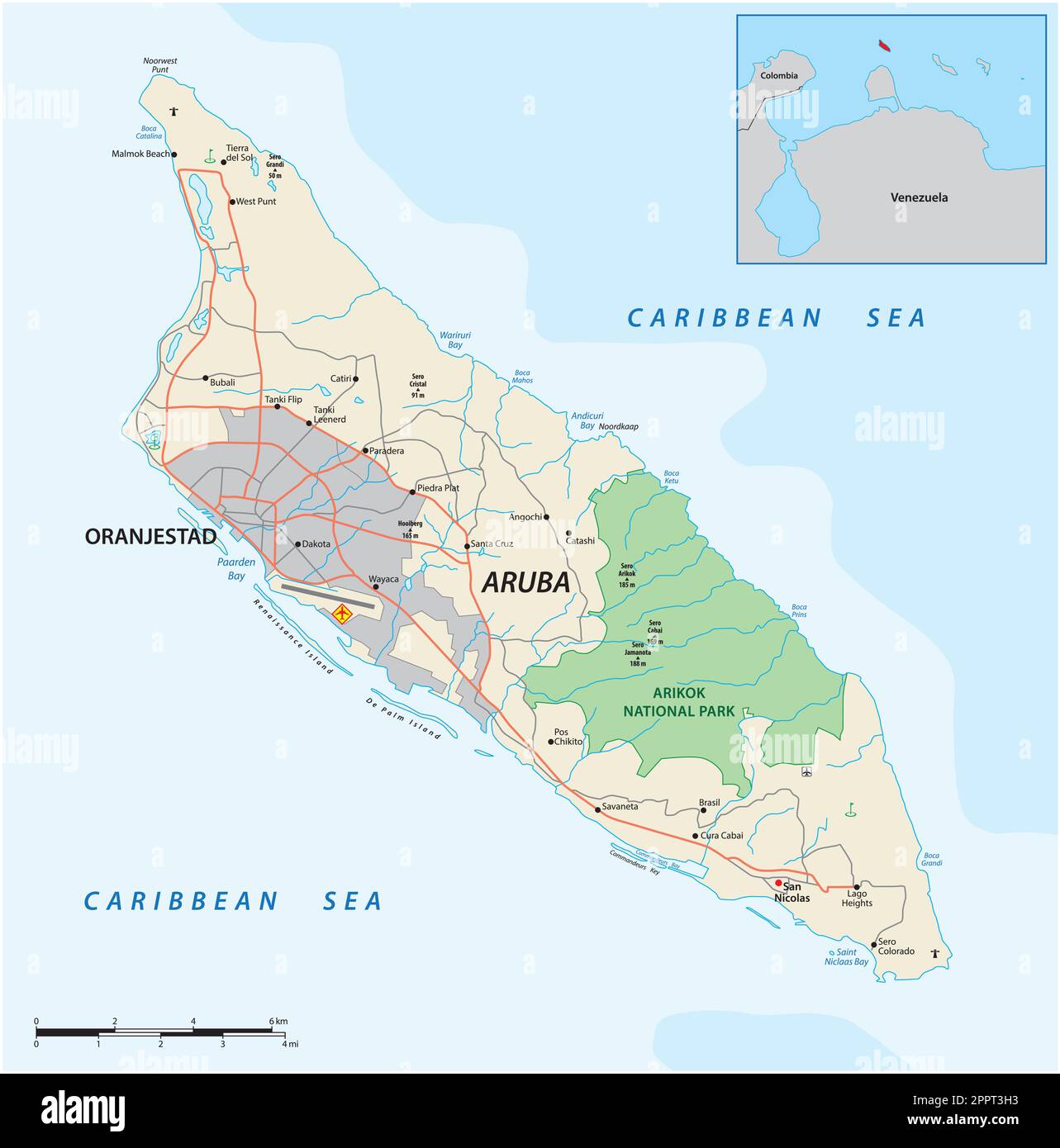 Road map dell'isola ABC di Aruba nel Mar dei Caraibi Illustrazione Vettoriale