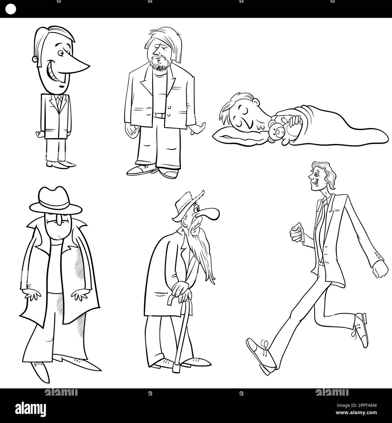 cartoon divertente uomini personaggi comici impostare la pagina da colorare Illustrazione Vettoriale