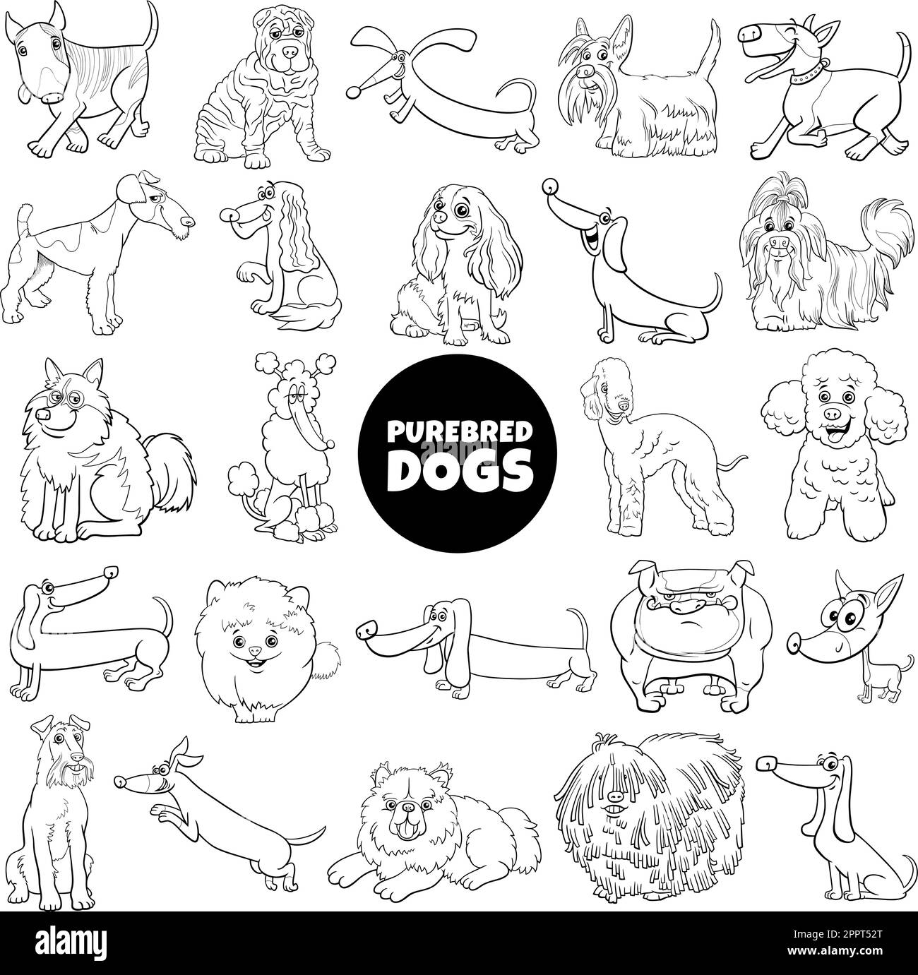 set di cani e cuccioli animati in bianco e nero Illustrazione Vettoriale