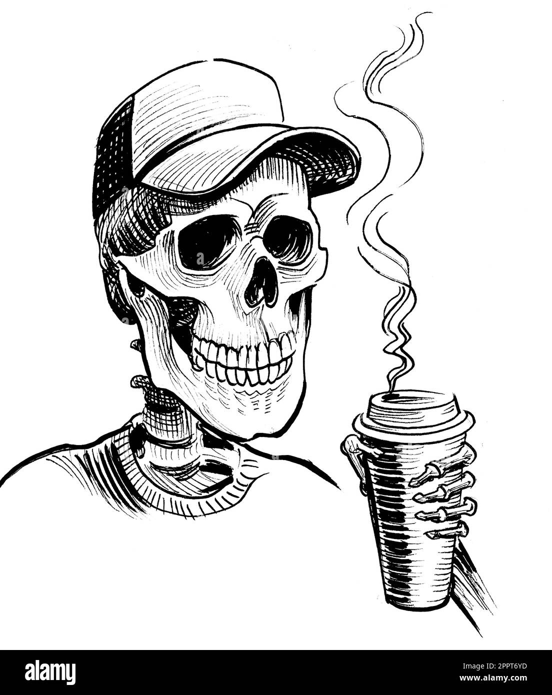 Scheletro umano nel tappo bere una tazza di caffè. Inchiostro disegnato a mano su carta schizzo in stile retrò Foto Stock
