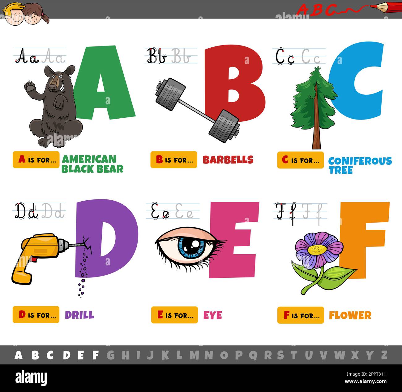 Lettere alfabetiche di cartoni animati per bambini dalla A alla F. Illustrazione Vettoriale