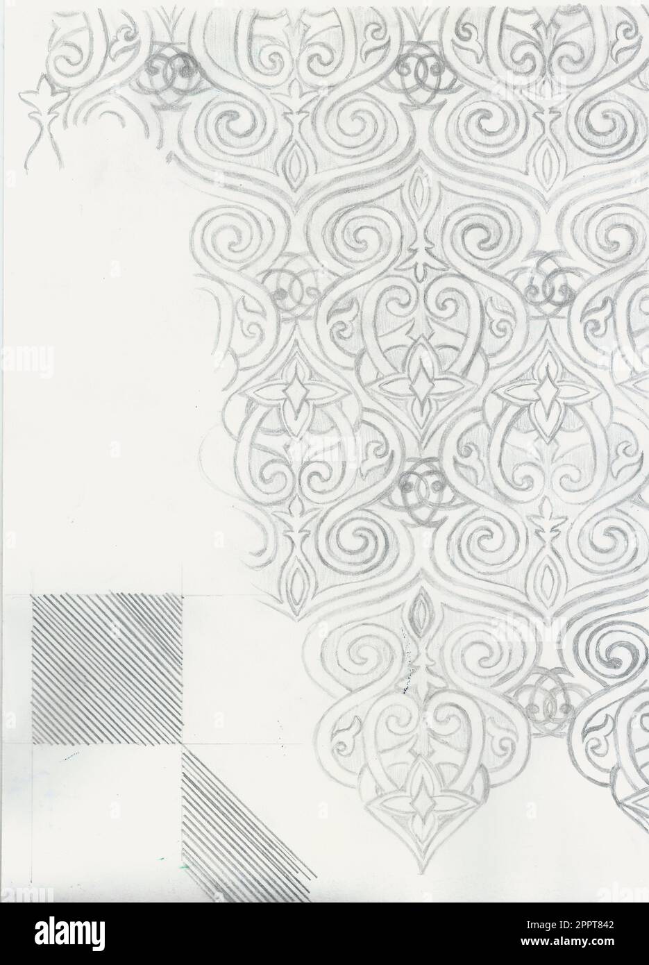 carta da parati disegnata a mano su carta acquerello con matita grigia, motivi con volute che si collegano tra loro Foto Stock