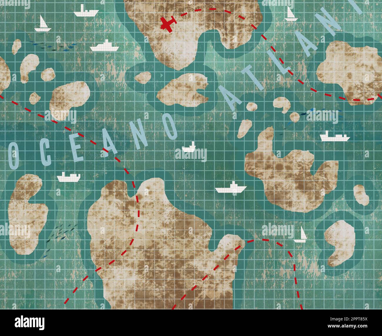 Carta da parati mappa oceano Atlantico con navi di carta e struttura di sfondo a scacchi, isole marroni e piano di volo aereo Foto Stock