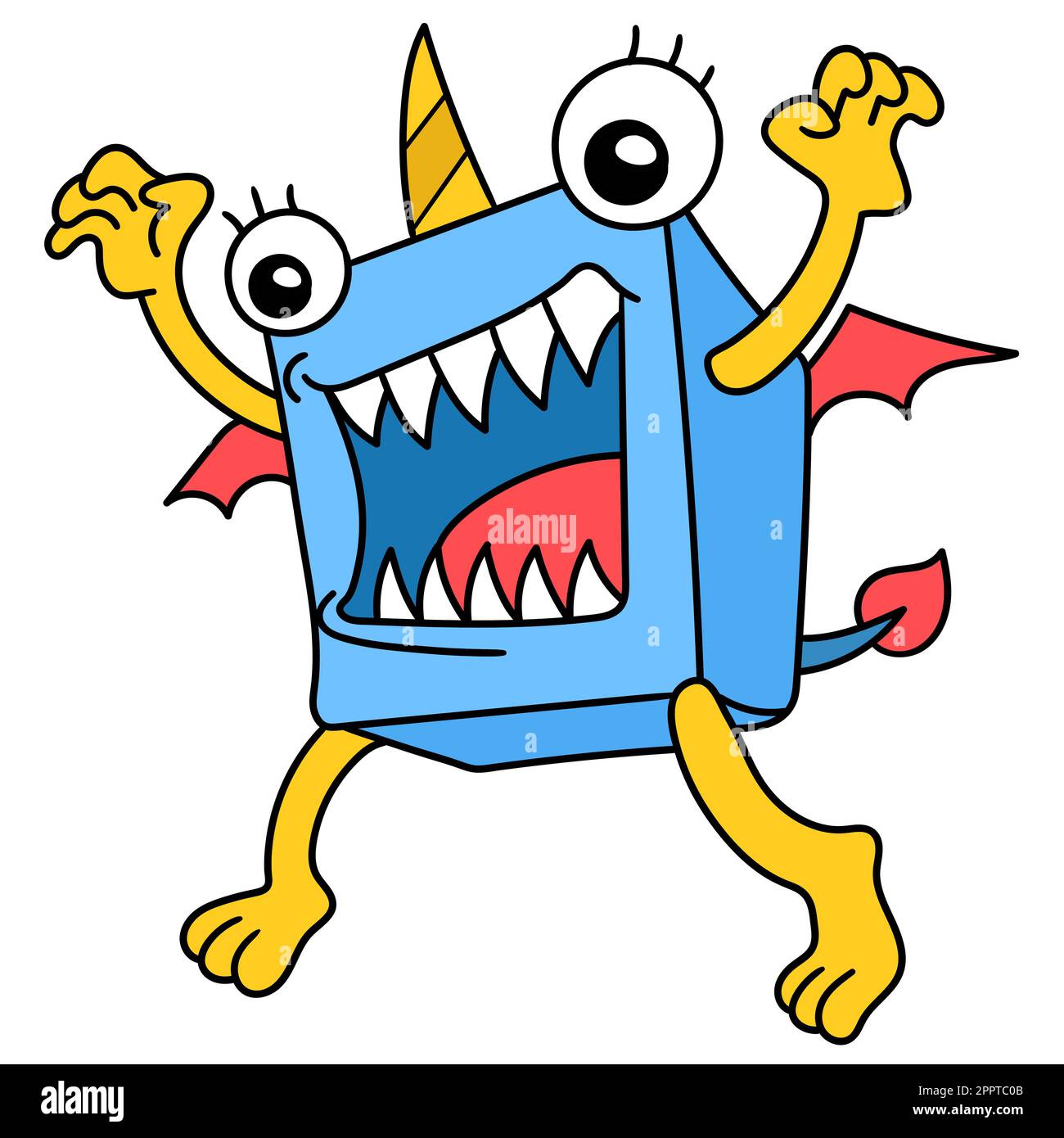 Un mostro boxy con denti affilati pronti a rimbalzare, doodle kawaii. immagine dell'icona di doodle Illustrazione Vettoriale