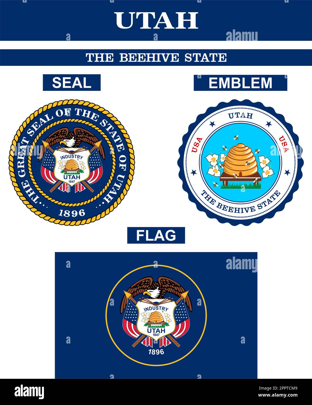 Collezione Utah Symbol con bandiera, sigillo ed emblema come vettore. Illustrazione Vettoriale