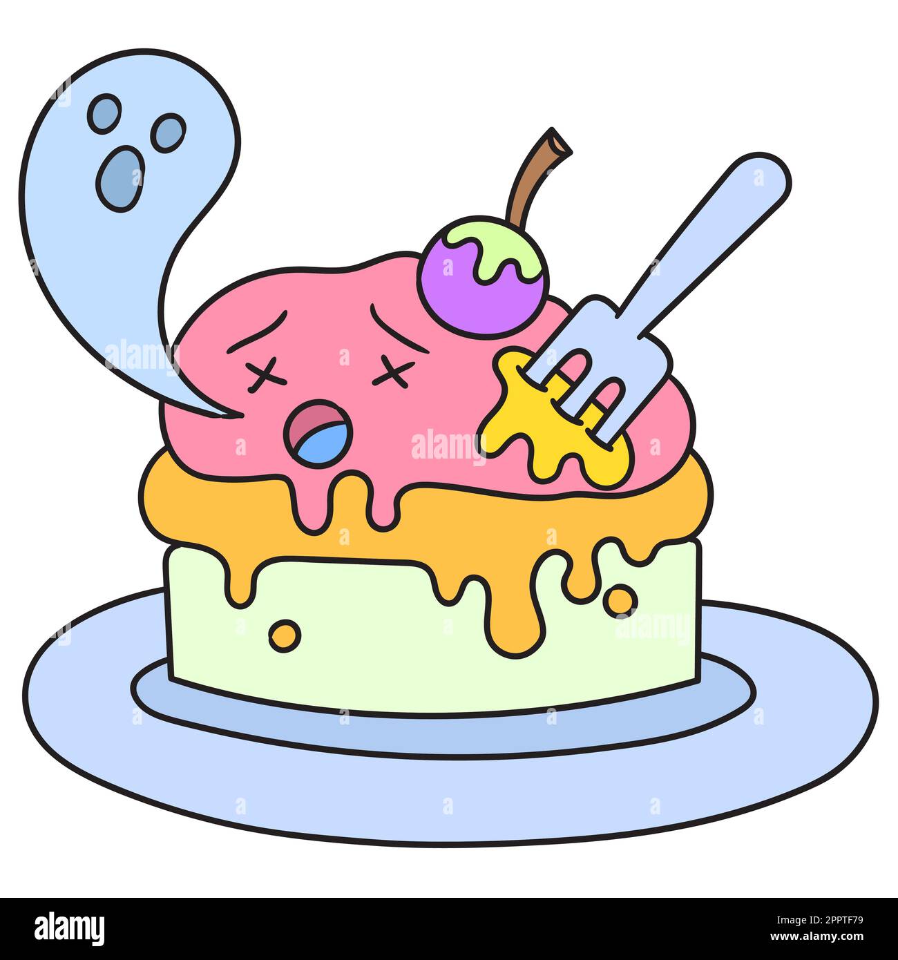 emoticon torta di compleanno, kawaii doodle. immagine dell'icona di doodle Illustrazione Vettoriale