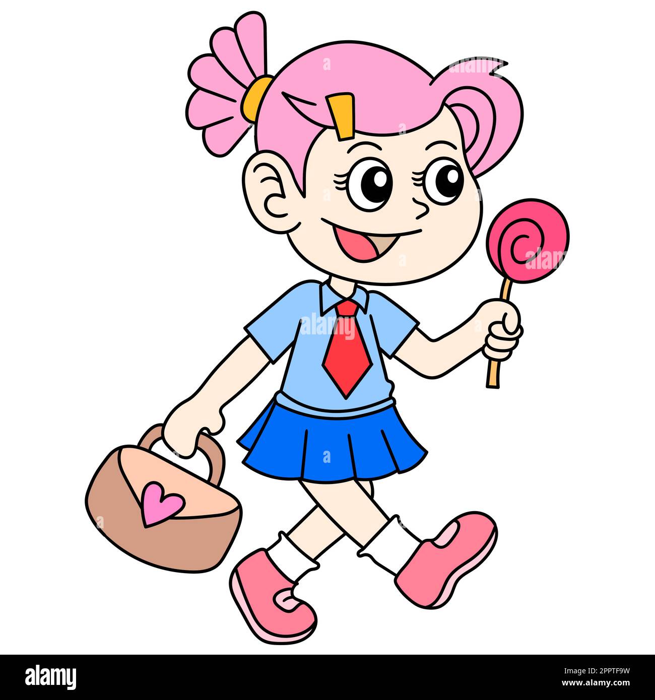 una ragazza sta camminando a casa dalla scuola trasportando un lecca, kawaii del doodle. immagine dell'icona di doodle Illustrazione Vettoriale