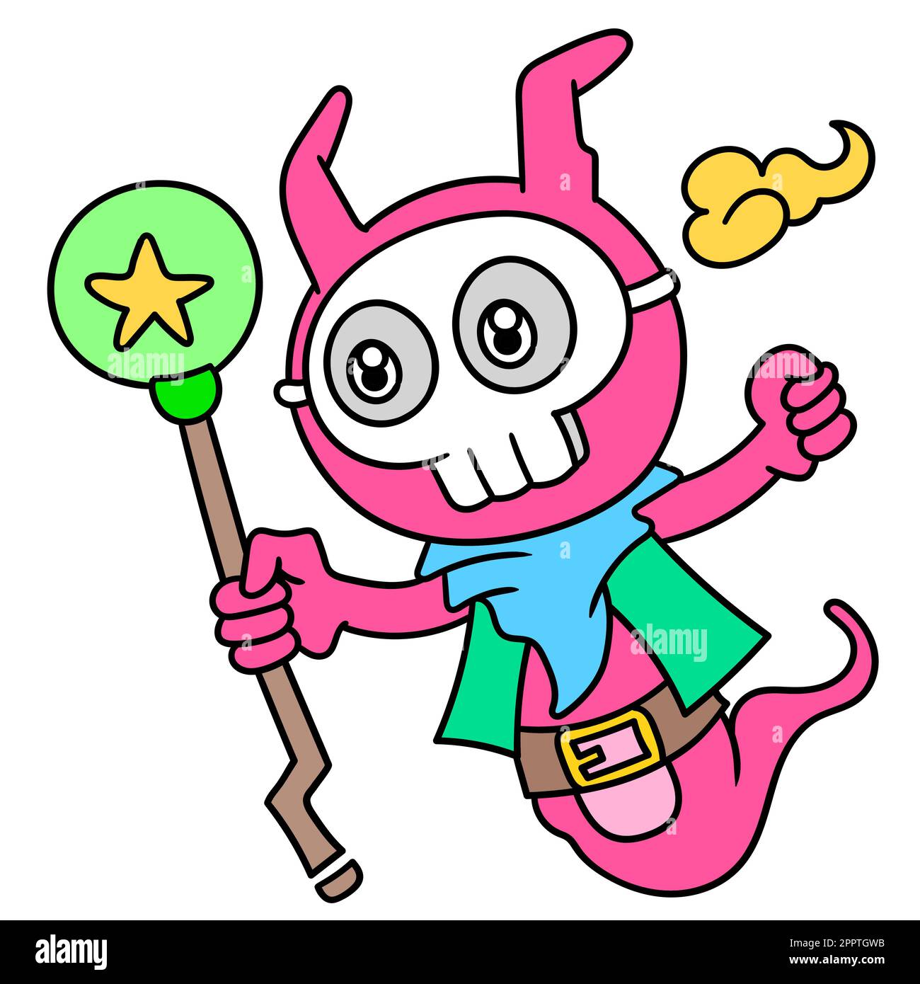 emoticon creatura mascherata cranio. una strega che porta una bacchetta magica per raccogliere la forza, doodle icona immagine kawaii Illustrazione Vettoriale