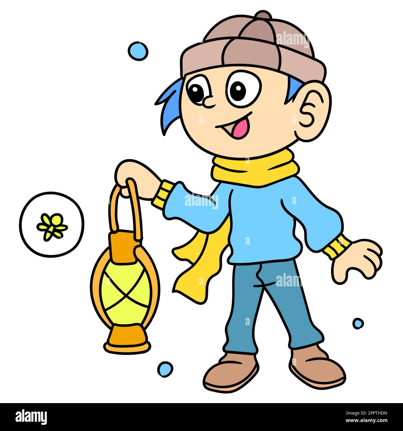 un giovane uomo che indossa un berretto e una sciarpa cammina intorno alla ricerca delle lucciole, doodle icona immagine kawaii Illustrazione Vettoriale