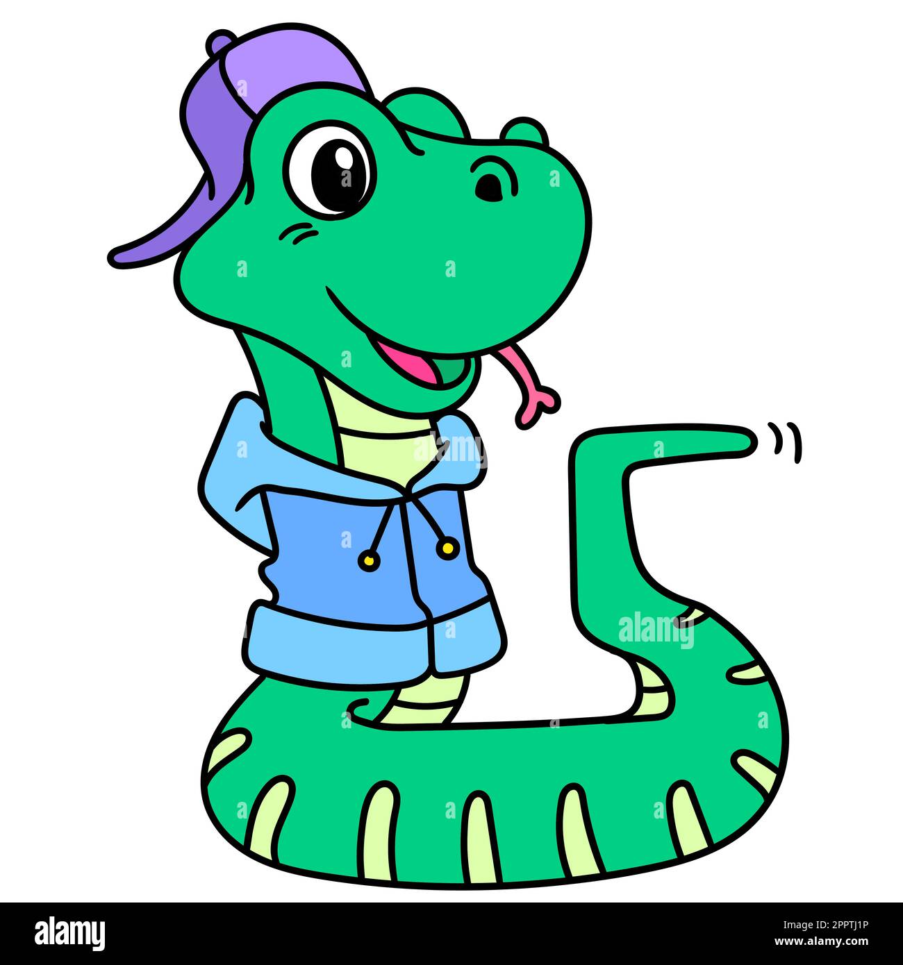 emoticon cool python ragazzo con giacca e cappello, doodle icona immagine kawaii Illustrazione Vettoriale