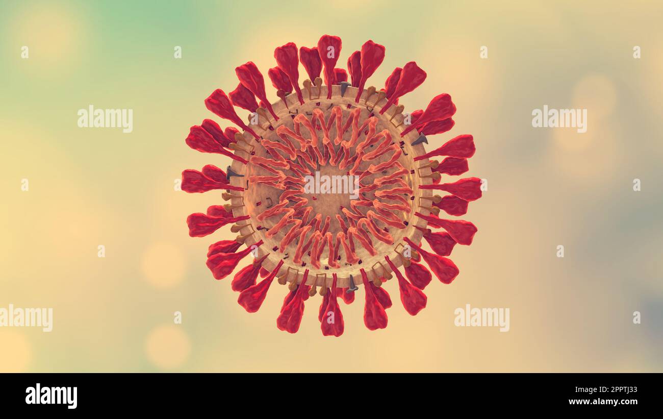 Animazione del modello di Covid 19 delle particelle di virus Coronavirus, SARS-COV-2, 2019 nCoV. Struttura del virus accurata con membrana proteica interna. Foto Stock
