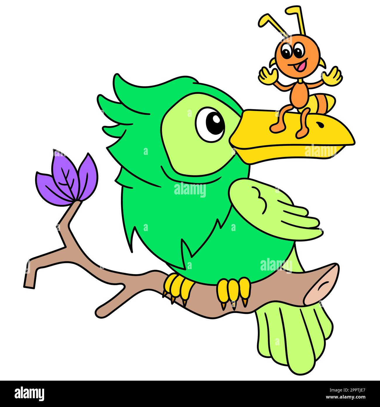 Pappagalli e formiche sono amichevoli insieme chiacchierando tra loro, doodle icona immagine kawaii Illustrazione Vettoriale