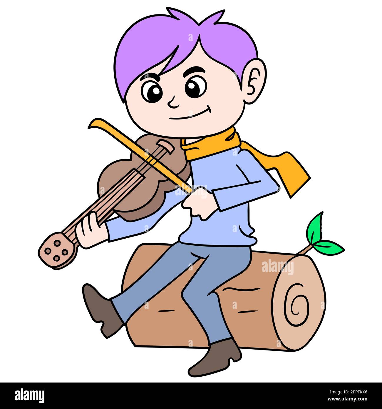 un giovane che suona la musica del violino siede su un tronco dell'albero, immagine dell'icona del doodle kawaii Illustrazione Vettoriale
