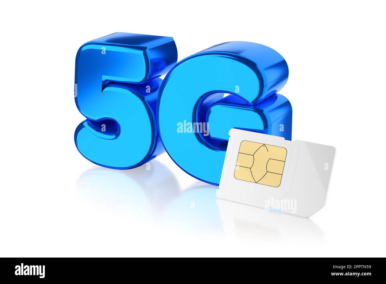 Logo, simbolo, icona e scheda SIM della tecnologia di comunicazione wireless 5G blu metallizzata e isolata in bianco. illustrazione del rendering 3d. Foto Stock