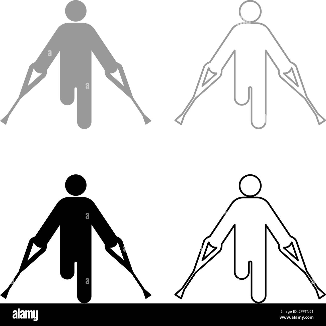 Uomo con la gamba rotta crutch canna gesso bastone piede con bastoni persona crutches trauma concetto set icona grigio nero colore vettore illustrazione immagine riempimento solido contorno linea sottile piatto stile Illustrazione Vettoriale
