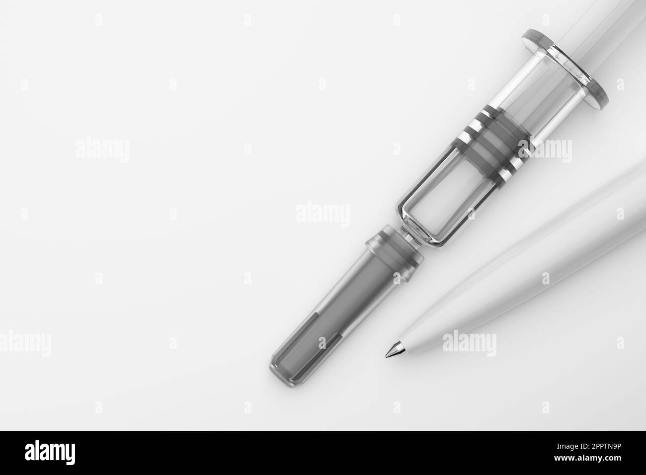 Siringa preriempita e penna a sfera con copy cpace . Illustrazione del rendering 3D. Foto Stock