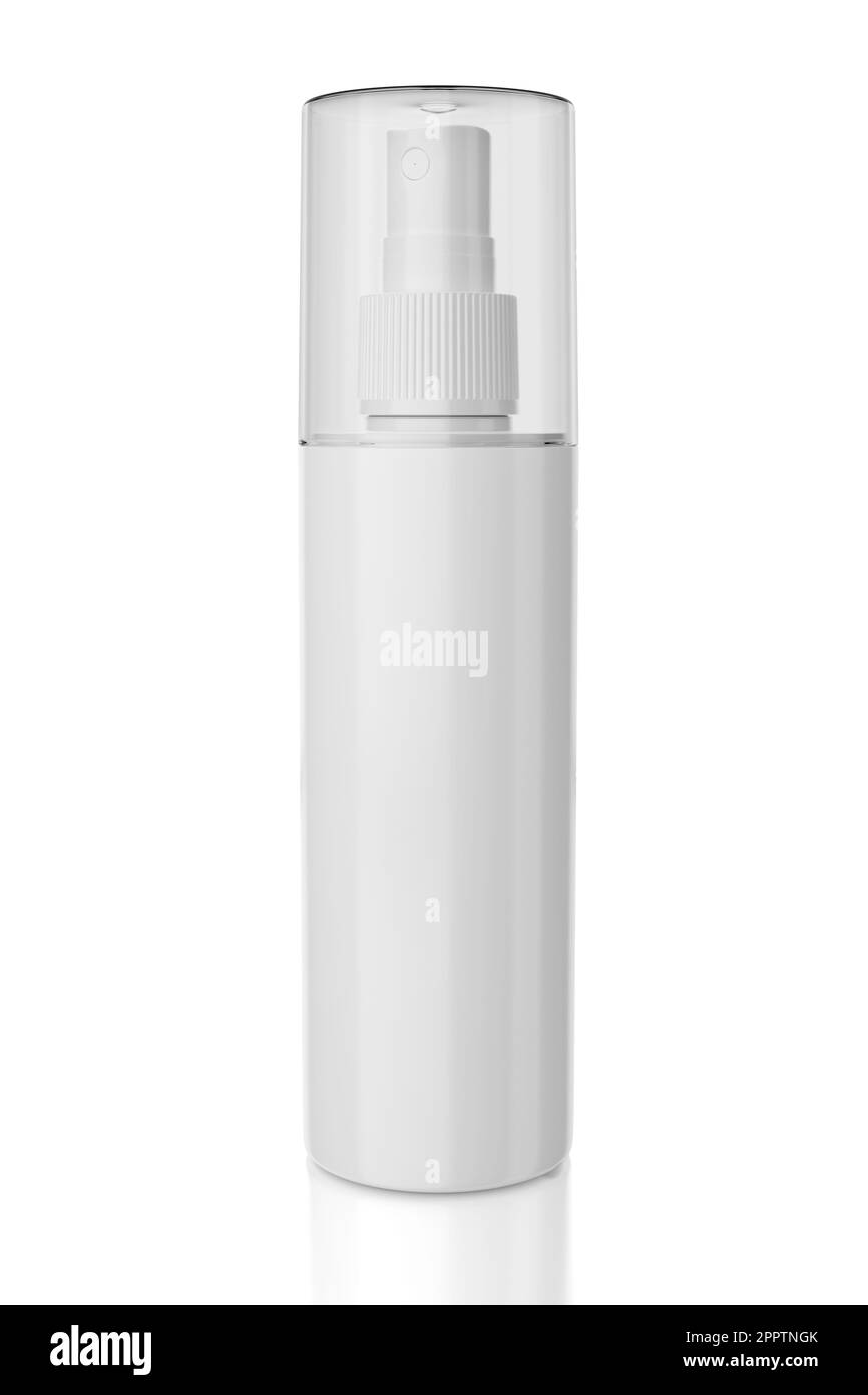 Flacone spray bianco in plastica cosmetica isolato su sfondo bianco. Illustrazione del rendering 3D. Foto Stock