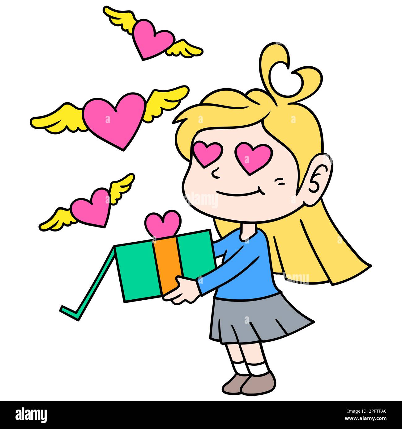 Bella ragazza bionda porta un regalo di San Valentino per i suoi cari, doodle icona immagine kawaii Illustrazione Vettoriale