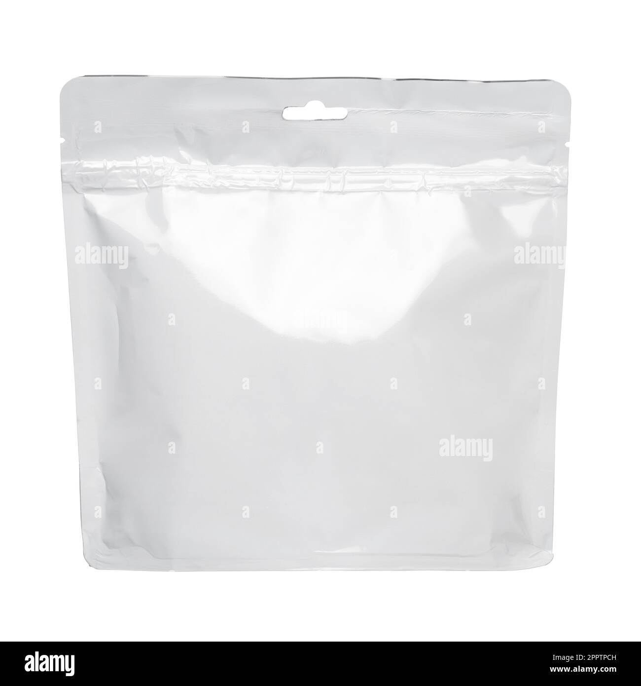 Busta bianca in plastica isolata su bianca, Foto Stock