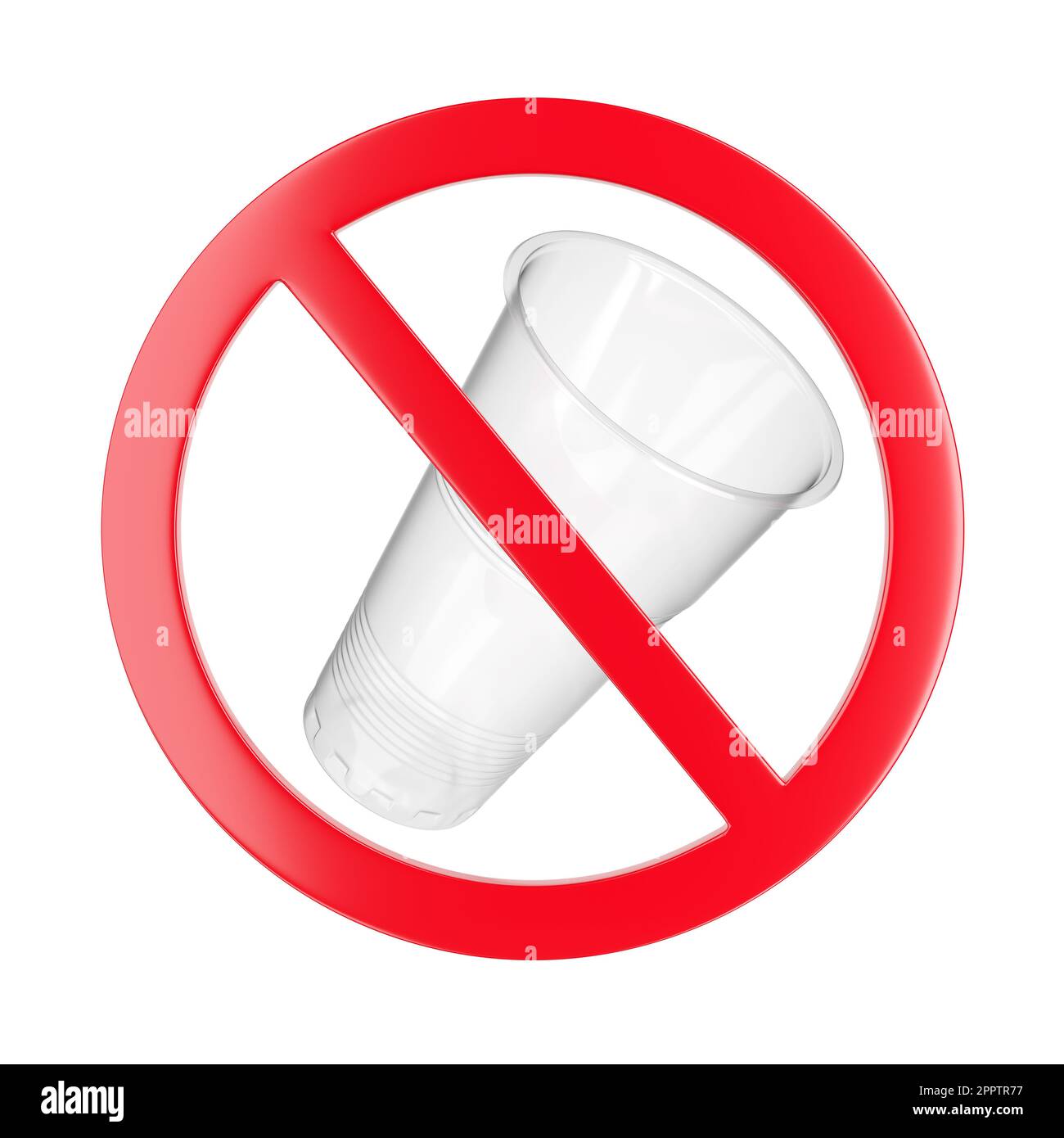 Bicchiere di plastica con divieto o cartello di divieto. Smettere di utilizzare la campagna plastica. Illustrazione del rendering 3D. Foto Stock