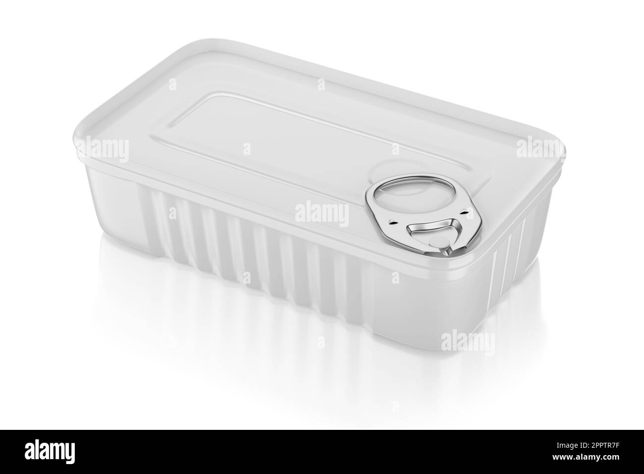 Lattina rettangolare per sardine isolate su sfondo bianco. Illustrazione del rendering 3D. Foto Stock