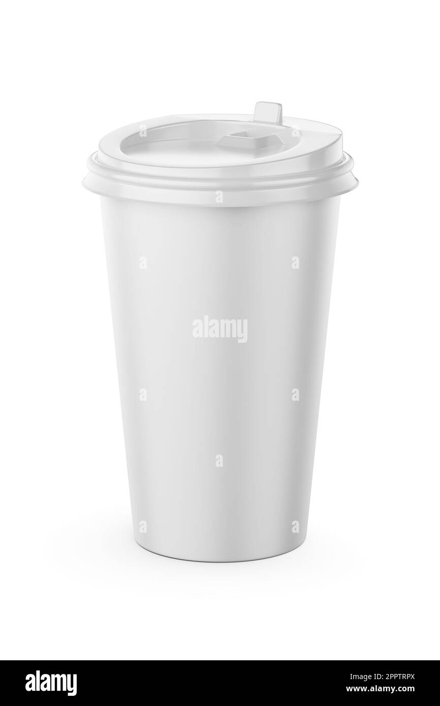 tazza monouso in carta da caffè bianca da 500 ml con coperchio in plastica isolato su sfondo bianco, illustrazione 3d. Foto Stock