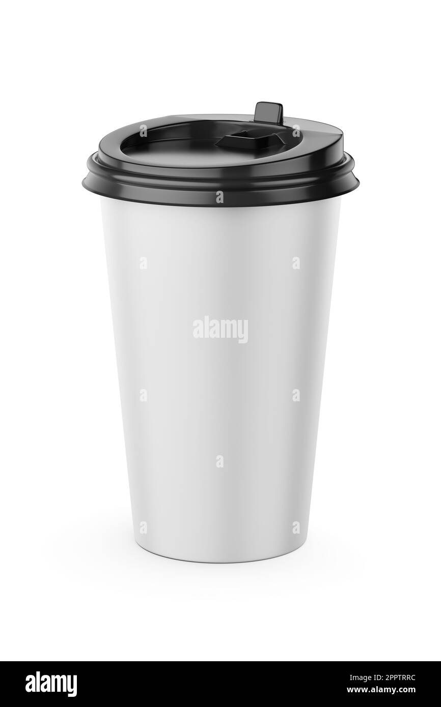 tazza di carta da caffè bianca monouso da 500 ml con coperchio in plastica nera isolato su sfondo bianco, illustrazione 3d. Foto Stock