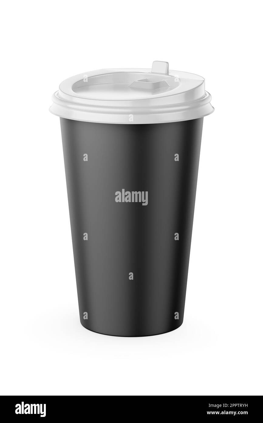 tazza di carta da caffè monouso nera vuota da 500 ml con coperchio in plastica bianca isolato su sfondo bianco, illustrazione 3d. Foto Stock