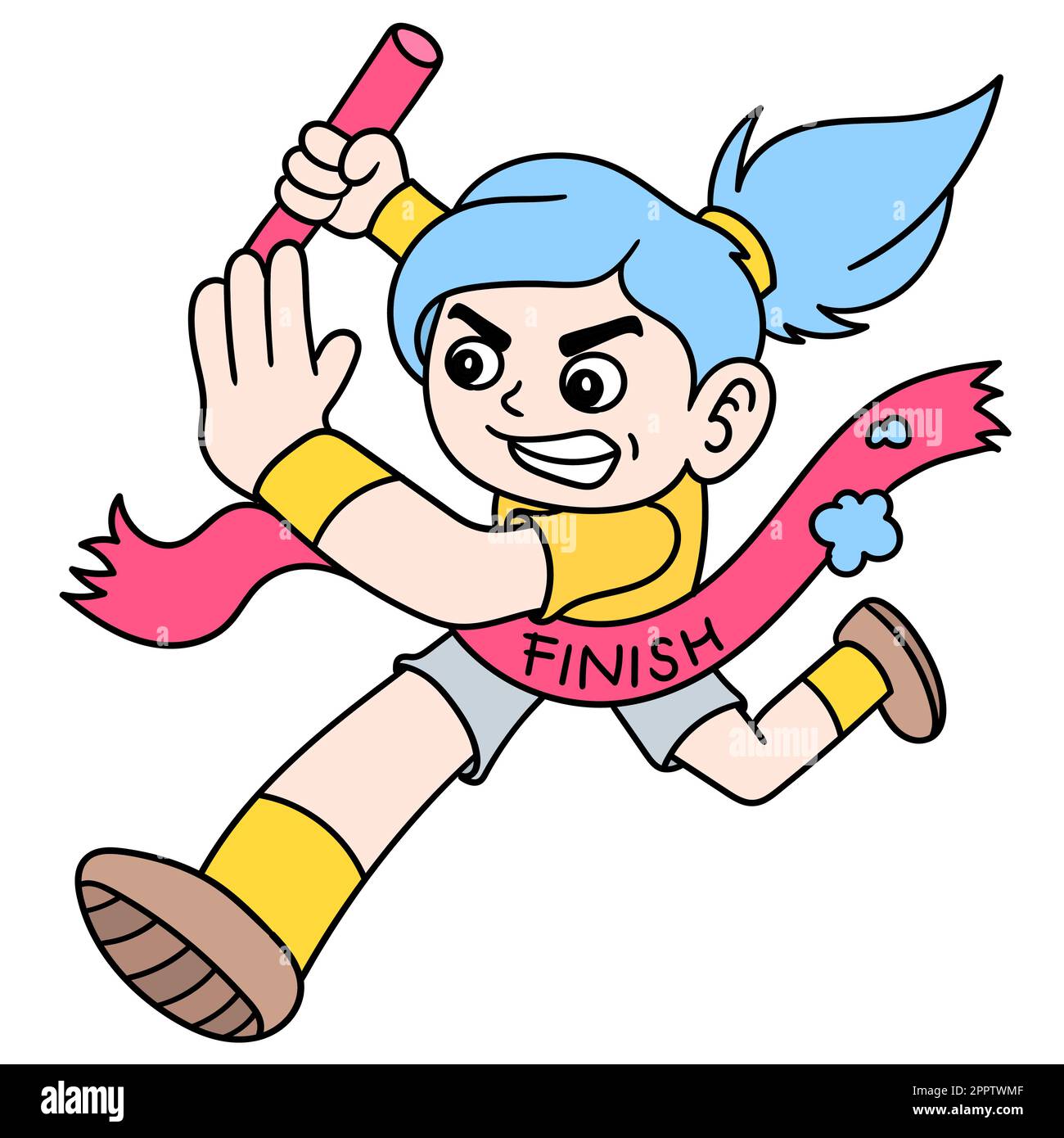 Runner femminile per vincere le Olimpiadi attraverso il nastro linea finale, doodle icona immagine kawaii Illustrazione Vettoriale