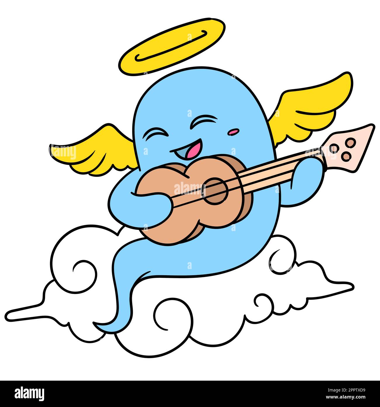gli spiriti degli angeli che erano morti felicemente cantavano canzoni sopra le nuvole, doodle icona immagine kawaii Illustrazione Vettoriale