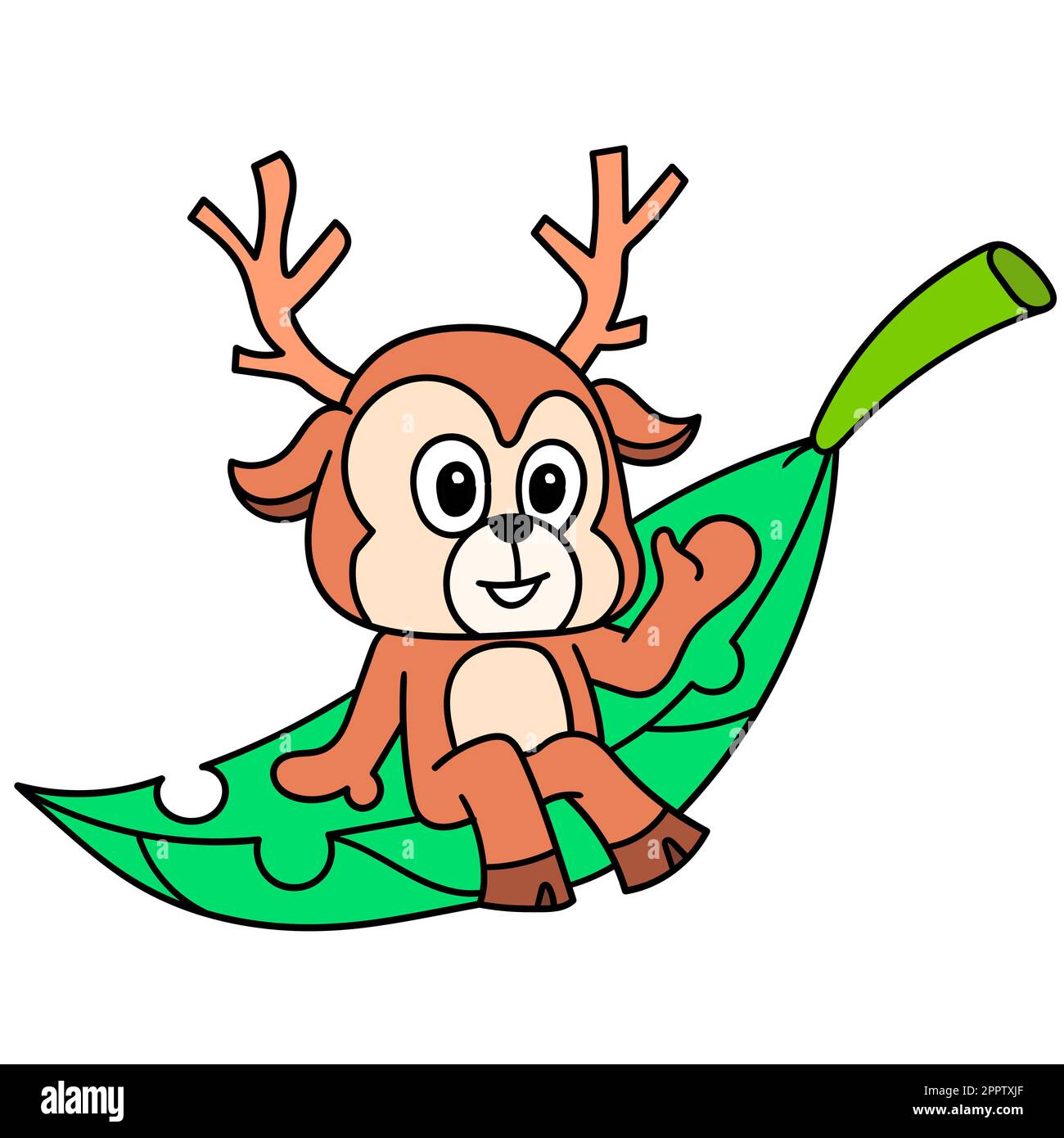 emoticon di cute fawn seduta su una foglia, doodle icona immagine kawaii Illustrazione Vettoriale