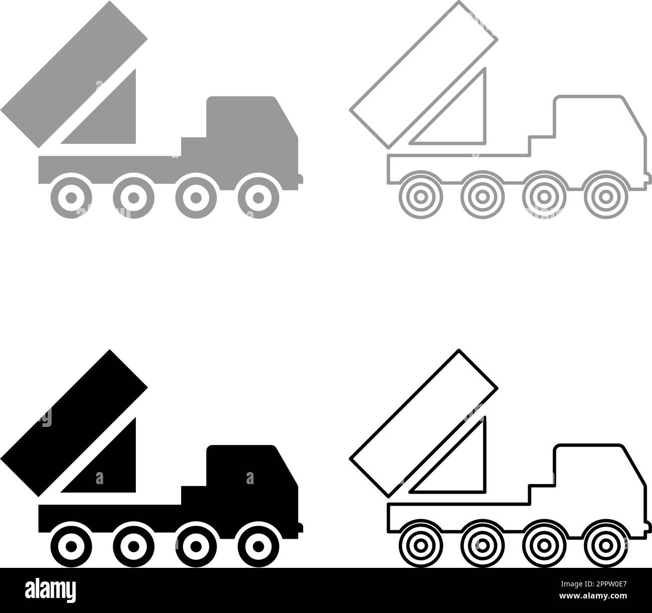 Sistema reattivo volley fuoco salvo artiglieria americana lancio multiplo su telaio gommato alta mobilità esercito camion militare difesa aerea antiaereo set icona grigio nero colore vettore illustrazione immagine riempimento solido contorno linea sottile piatto stile Illustrazione Vettoriale