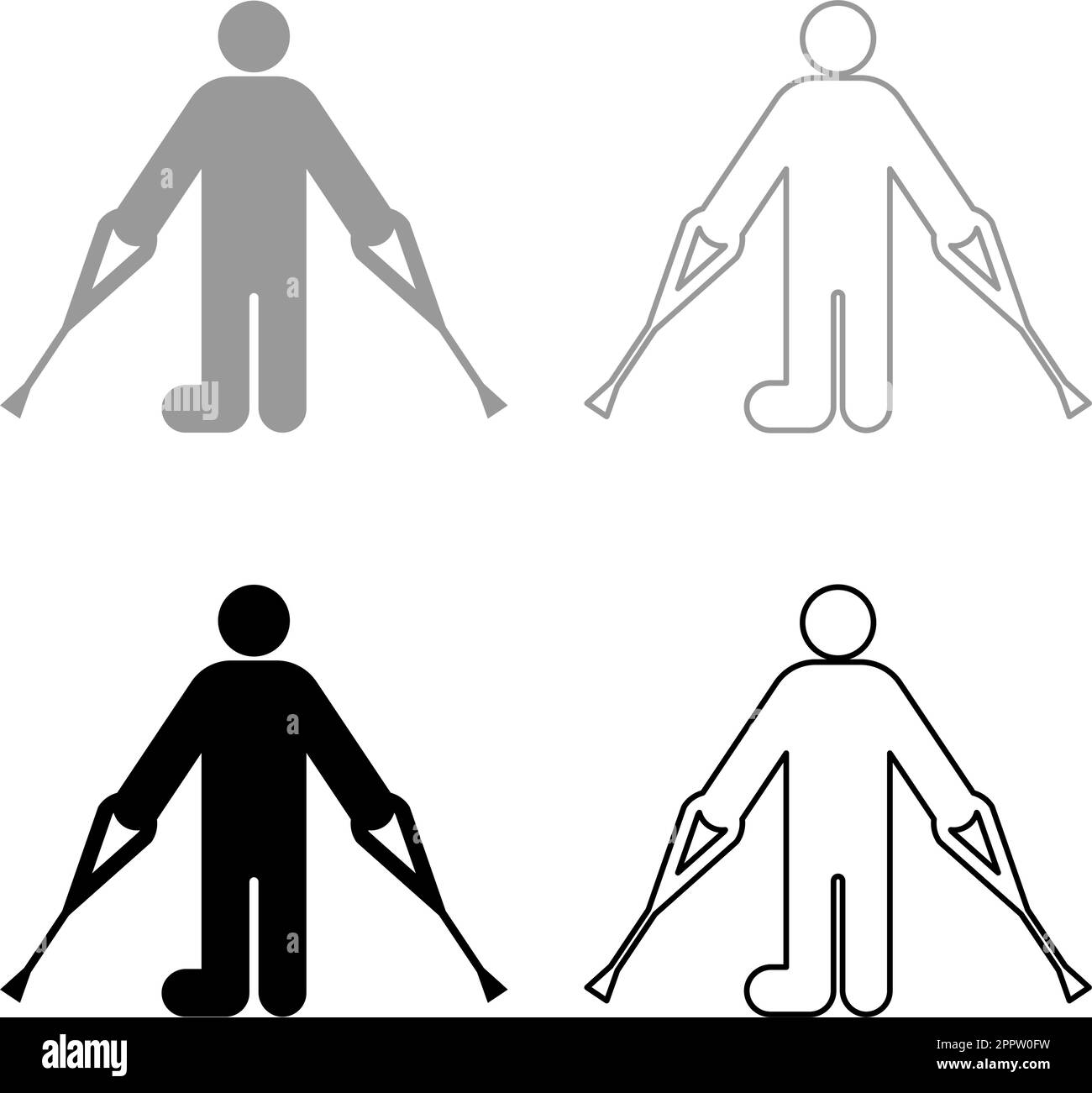 Uomo con la gamba rotta crutch canna gesso bastone piede con bastoni persona crutches trauma concetto set icona grigio nero colore vettore illustrazione immagine riempimento solido contorno linea sottile piatto stile Illustrazione Vettoriale