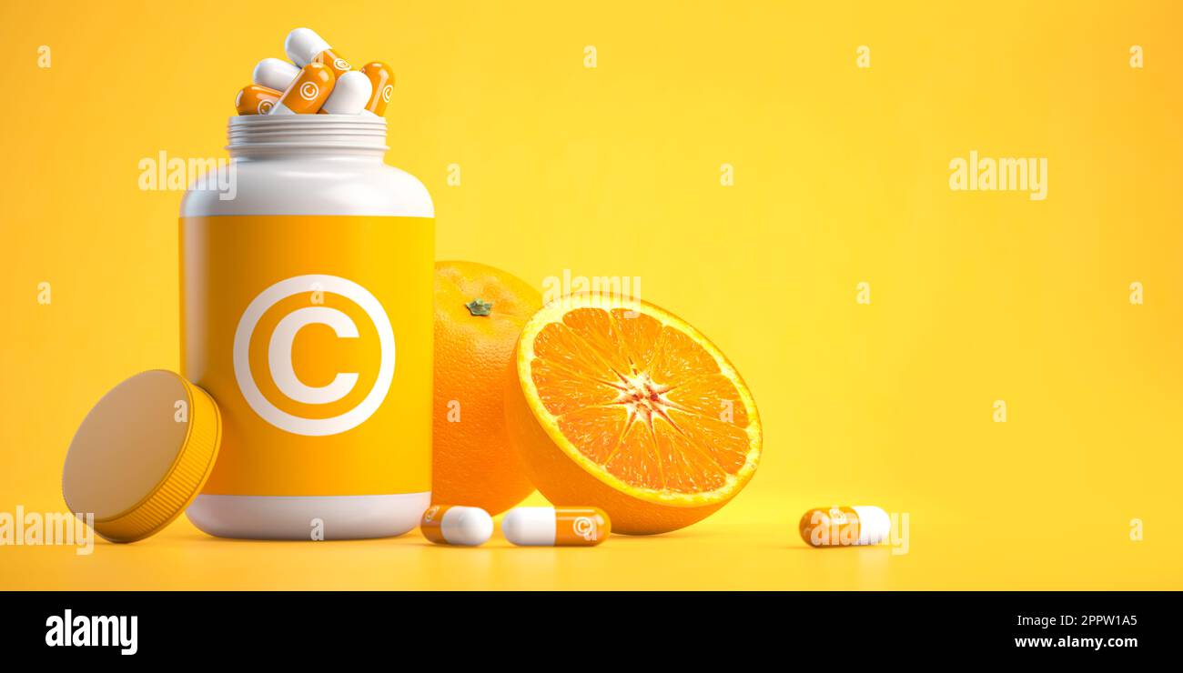 Flacone con capsule di Vitamina C e arancione su fondo giallo. illustrazione 3d Foto Stock