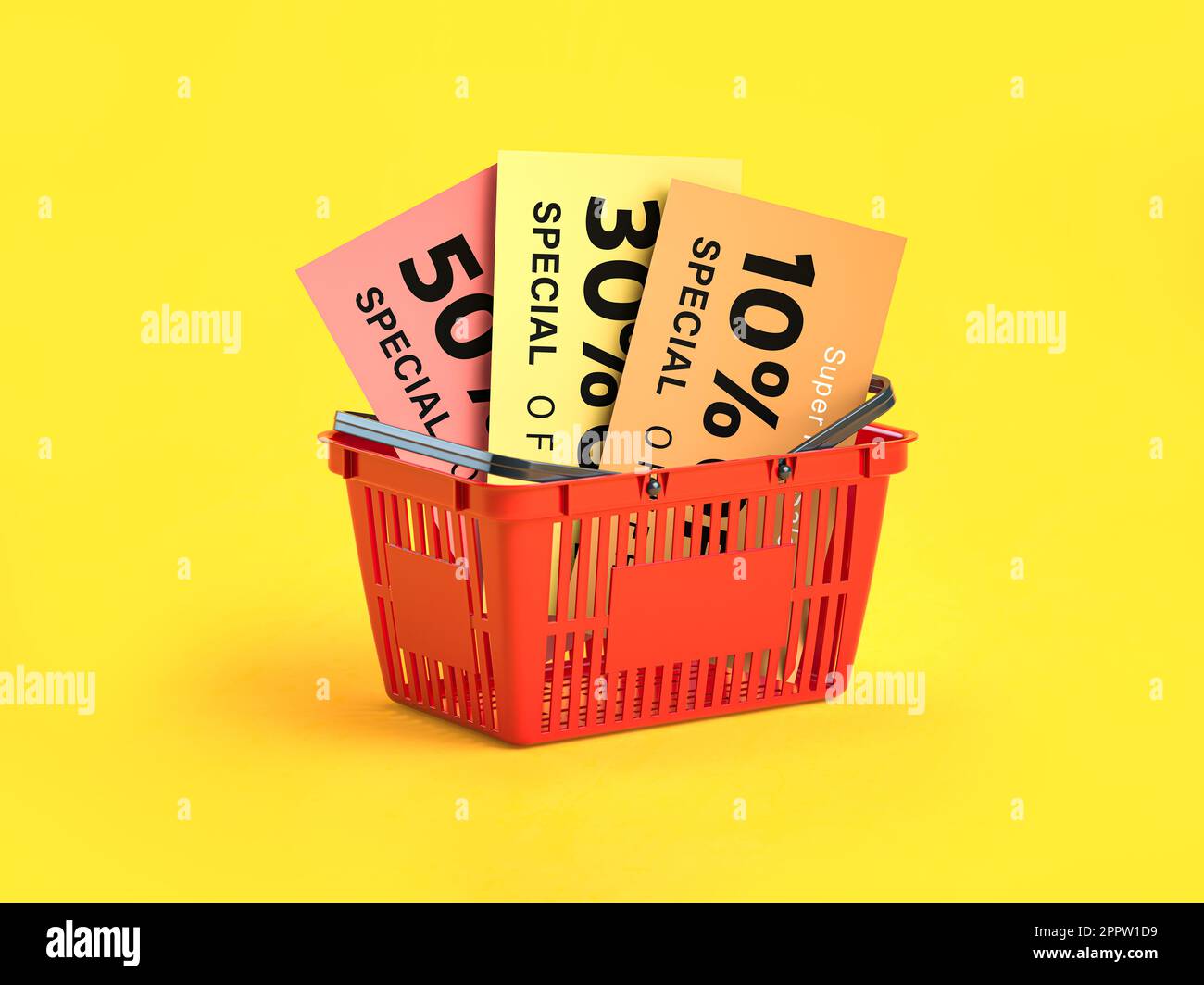 Carrello con volantini e buoni sconto su sfondo giallo. Poster promozionale sulle vendite. illustrazione 3d Foto Stock
